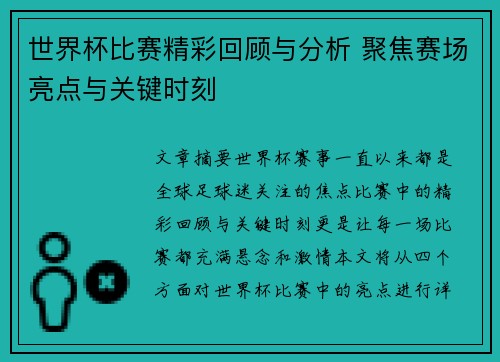 世界杯比赛精彩回顾与分析 聚焦赛场亮点与关键时刻